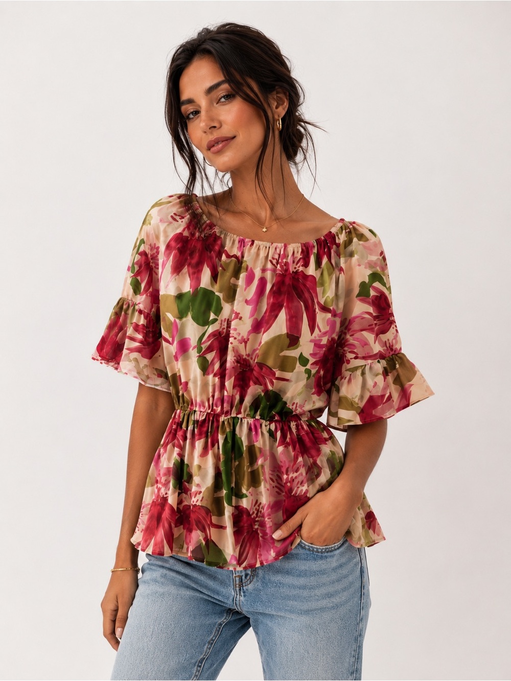Arkitect Gathered Waist Floral Blouse - Cream with Pink & Green Print